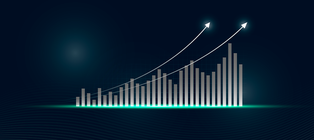 Fundo preto. Em primeiro plano, um gráfico em barras com setas apontando para cima, conforme a evolução das barras